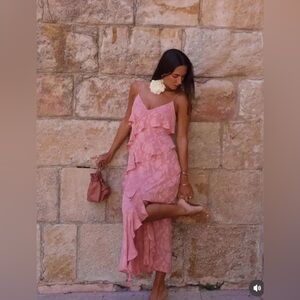 Zara Women’s Strappy Ruffle Jacquard Midi Dress Size L Pink Marsala Chiffon NWT